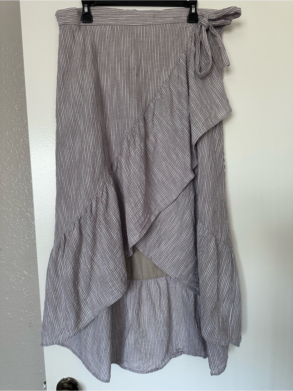 Striped High-Low Wrap Cotton Skirt with Side Tie